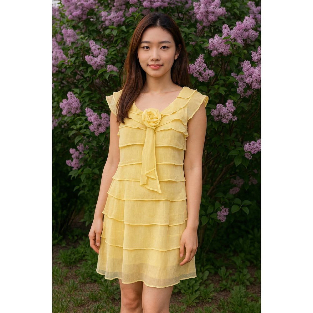 Yellowโ Tiered Layered Ruffle Madison Leigh Dress Rosette Fairy Whimsical Y2K